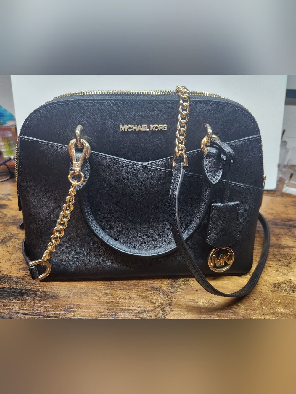 Michael Kors Black Saffiano Dome Satchel with Gold Hardware